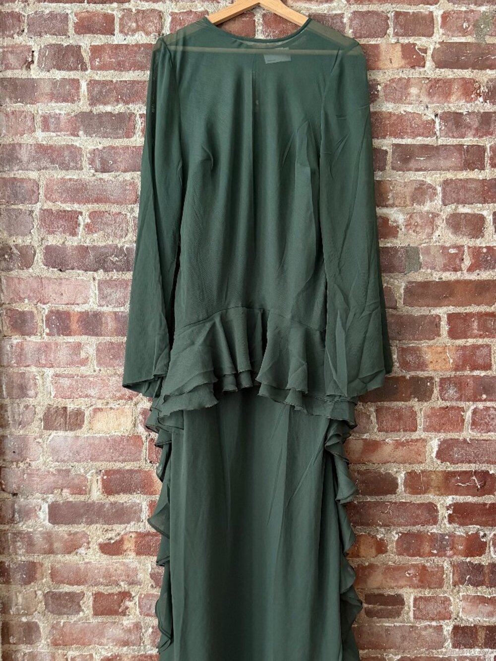 ASOS Dark Green Ruffle Tiered Maxi Dress Long Sleeve Sheer Yoke Formal